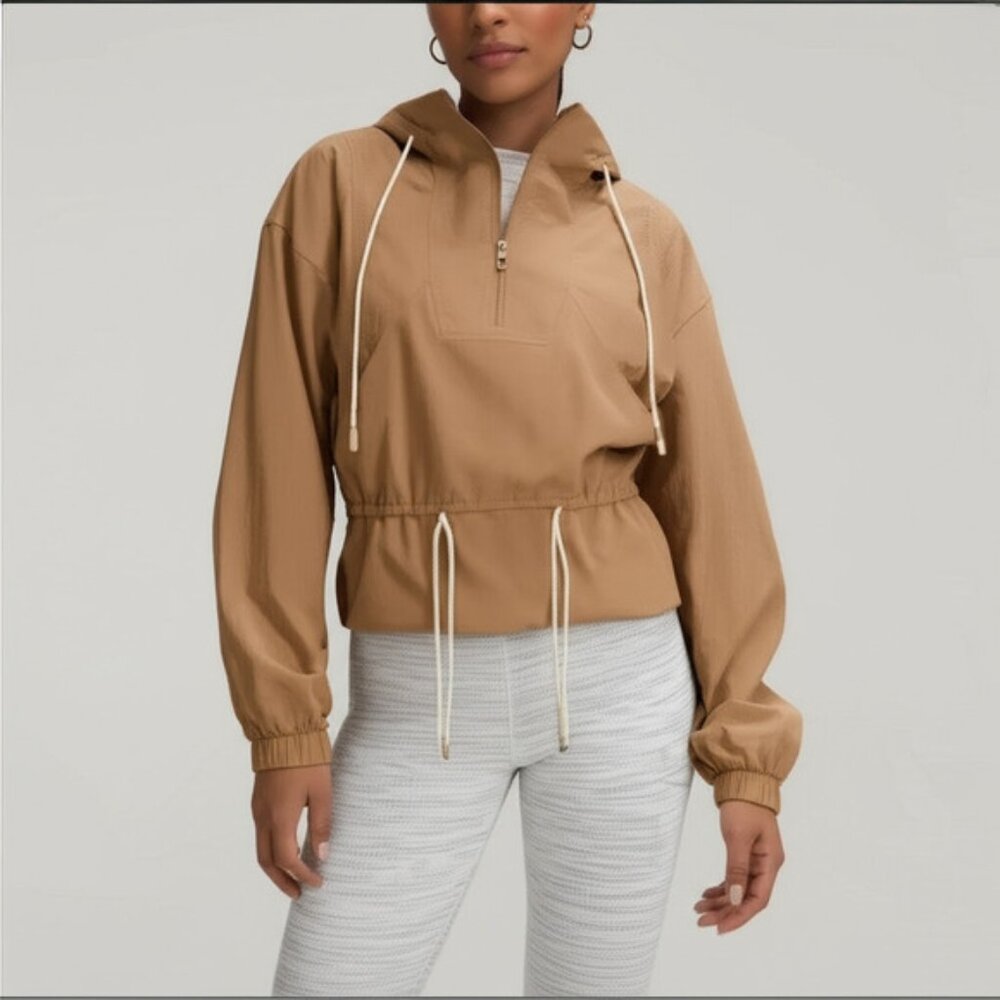 Calia Women's Anorak Hooded Tan Brown Windbreaker Pullover Half Zip Jacket NWT